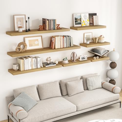Oak Floating Wall Shelves Set of 2 - 47.2 Inch Rustic Modern Storage