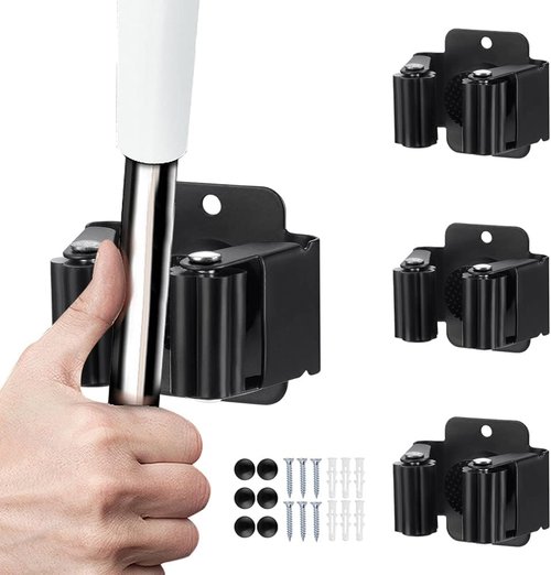 JAMEND Heavy-Duty Broom and Mop Holder - Wall-Mounted Organizer Rack for Garden Tools | Matte Black Finish
