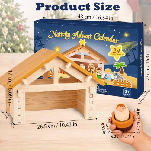 Wooden Nativity Advent Calendar 2026 for Kids Blue & Yellow Scene Set Gift