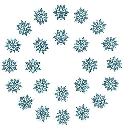 Kipokalor Turquoise plastic Snowflake Ornaments 24pcs tiny Sparkling Iridescent Glitter Snowflake Ornaments on String Hanger for Decorating,Chirstmass tree,Crafting and Embellishing (3inch, Turquoise)