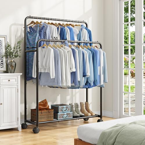 Clothing Rack Double Rod Garment Rack with Wheels - Black, Simple Trending