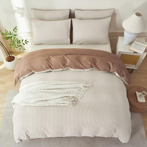 Dark Brown Striped Queen Comforter Set 3 Pieces Microfiber Bedding