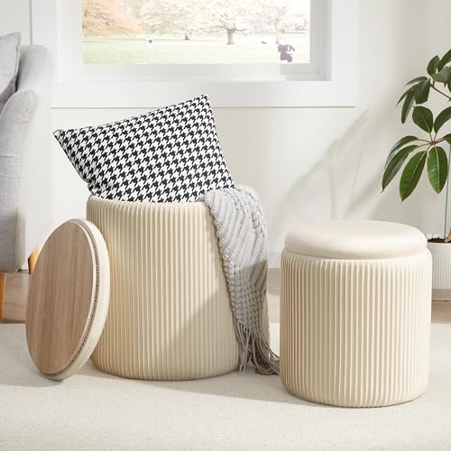 Beige Royal Windsor Round Storage Ottoman Set of 2 - Vanity & Footrest