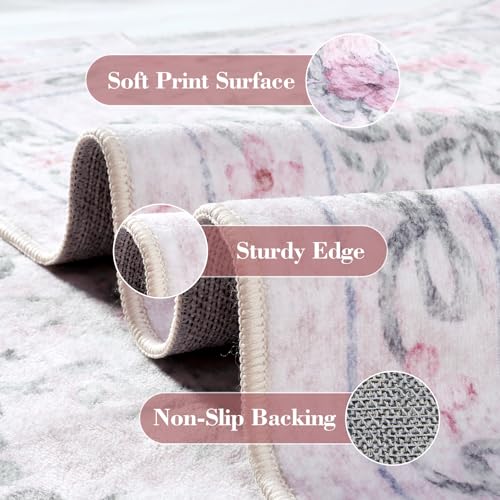 Pink Floral Bow Area Rug 5x7 for Bedroom & Nursery Washable Non-Slip Soft Carpet