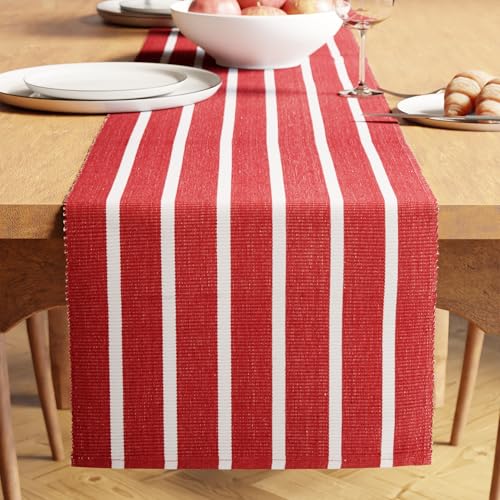 Encasa XO 13x98 Red Striped Yarn Dyed Ribbed Cotton Table Runner