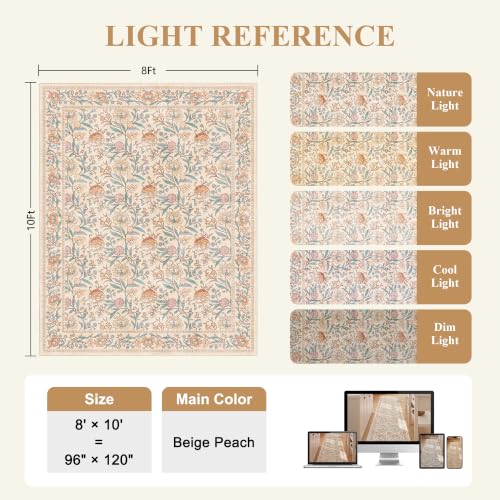 Beige Vintage Floral 8x10 Area Rug - Washable, Soft Low Pile, Non-Slip