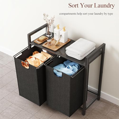 Kitstorack Black Laundry Organizer with Shelf & 2 Removable Bags, 2 x 11.8 Gallons