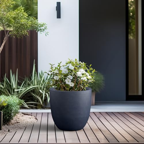 Large Charcoal Concrete Planter Bowl - 18 Inch Outdoor Garden Pot with Drainage, Variation of Charcoal / 18"d