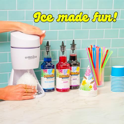 Hawaiian Shaved Ice Machine Kit - 3 Flavors, 25 Cups, Straws & Molds - 3 Flavor Party Pack
