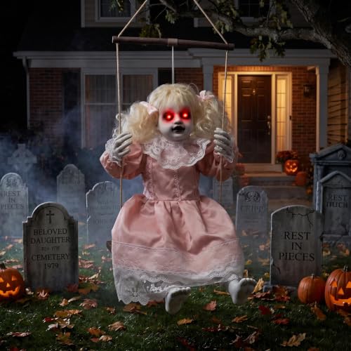 Pink Halloween Animatronic Hanging Girl Doll with Lighted Eyes & Creepy Sounds - Outdoor Indoor Decor