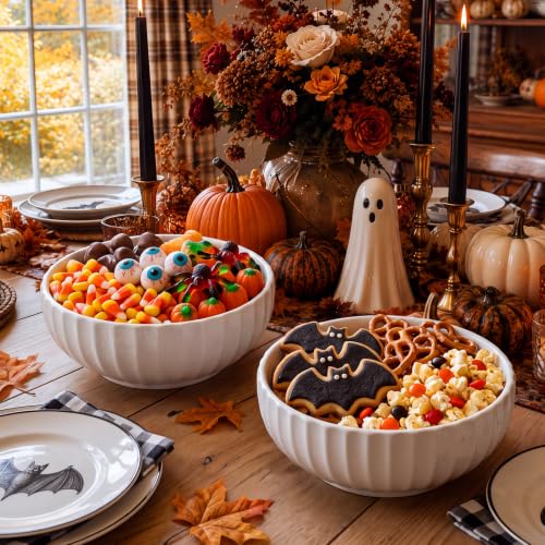 DOWAN 9.8'' Pumpkin-Shaped Ceramic Serving Bowls Set of 2, 86 oz Large Salad & Dinner Dishes for Holidays