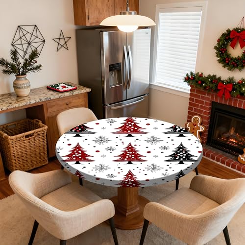 Pardick Christmas Round Fitted Tablecloth 42 Inch Trees Waterproof & Wipeable