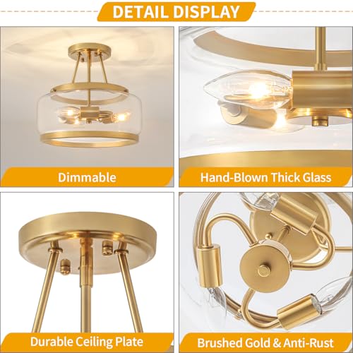 Brushed Gold Semi Flush Mount Ceiling Light Fixture 11.81" for Hallway, Kitchen & Entryway