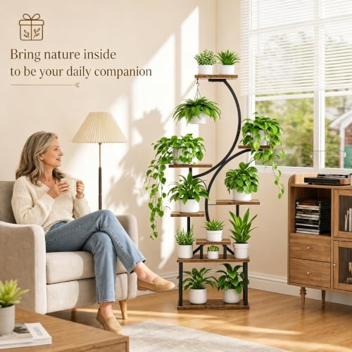 BACEKOLL S-Shape 8-Tier Indoor Plant Stand with Grow Lights, Tall Corner Shelf