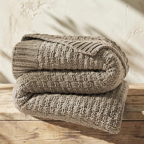 Chunky Chenille Knit Throw Blanket - Hearth Taupe, 50x60 Inches - Modern Basketweave Design