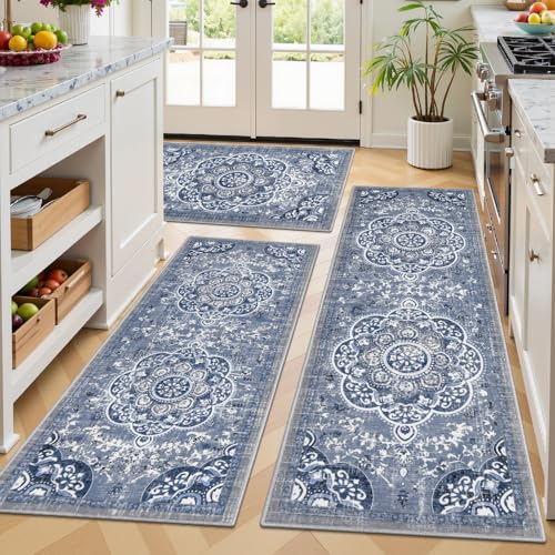 Ileading 3-Piece Kitchen Rug Set with Runner - Blue Floral, Non-Slip Washable Mats, 20x32/48/59 Inches