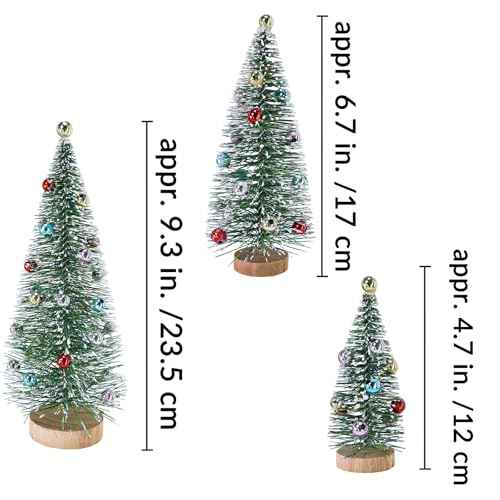 Winlyn 3 Pcs Christmas Frosted Bottle Brush Trees with Wood Base Small Green Sisal Trees with Ornaments Snowy Tabletop Christmas Trees 4.7"- 9.3" Tall for Christmas Village Decor Winter Holiday Party