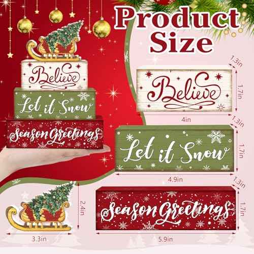 Britimes 4 Pcs Sleigh Christmas Tree Wooden Tiered Tray Decor Set, Farmhouse Rustic Holiday Decorative Stack Block Sign Wonderful Time Table Centerpieces for Home Shelf Table Decorations (Sleigh Tree)
