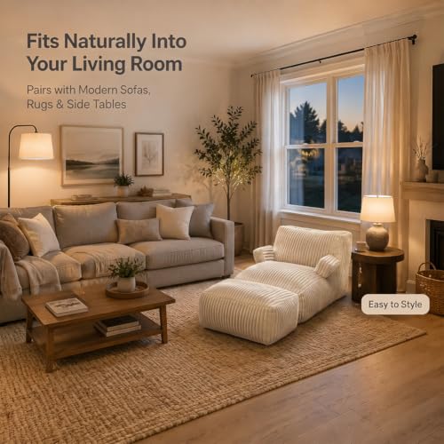 MaxiBean Medium Stripe White Giant Faux Fur Bean Bag Chair Lounger with Memory Foam