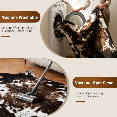 Faux Cowhide Rug, Cow Print Rug for Bedroom 4.6x5.2 Feet Black and