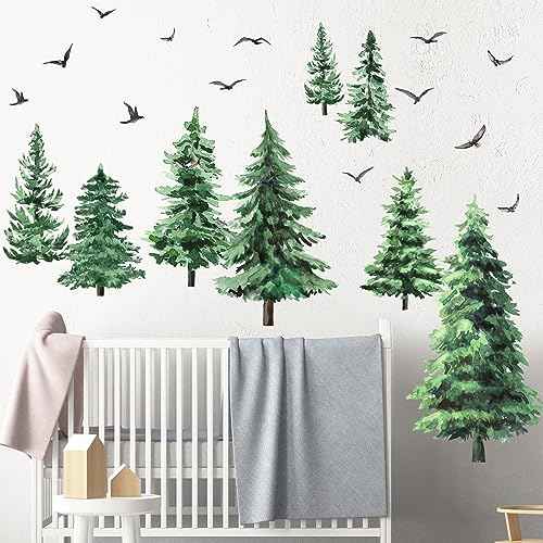Qilery Watercolor Pine Tree Wall Decals Large Peel and Stick Forest Wall Decal Woodland Branch Birds Sticker Christmas Tree Stickers for Nursery Bedroom Living Room(Classic Style)