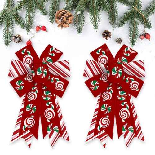 2 Pieces Christmas Bows for Wreath, Merry Christmas Wreath Bows Red Burlap Bows Xmas Candy Craft Bows Ornaments Winter Tree Bows for Front Door Christmas New Year Decorations