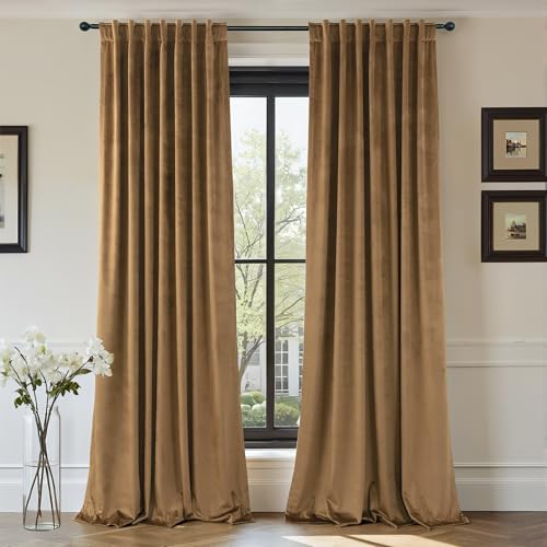 Velvet Room Darkening Curtains 52x84 Inches Set of 2 - Gold Brown Insulated Luxury Drapes