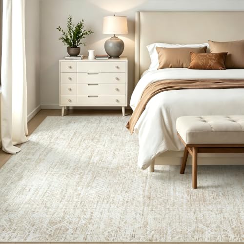 Beige 8x10 Area Rug - Washable Geometric Boho Rug for Living Room & Bedroom - Non-Slip Backing