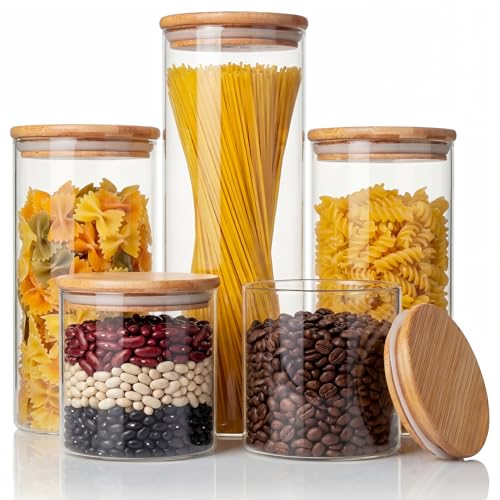 Round Glass Storage Containers with Bamboo Lids for Pasta & Flour, 5