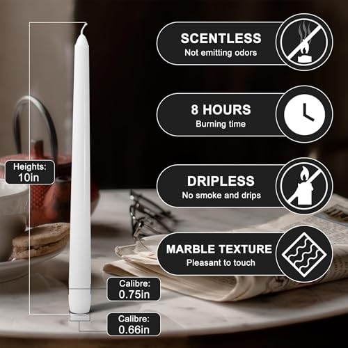 White 10-Inch Taper Candles: Unscented Smokeless Dripless Candlesticks with 7-8 Hours Burning Time (4/12/24/36/48 Pack)Paraffin Wax Ideal for Holiday, Wedding, Dinner, Christmas, Home Decor