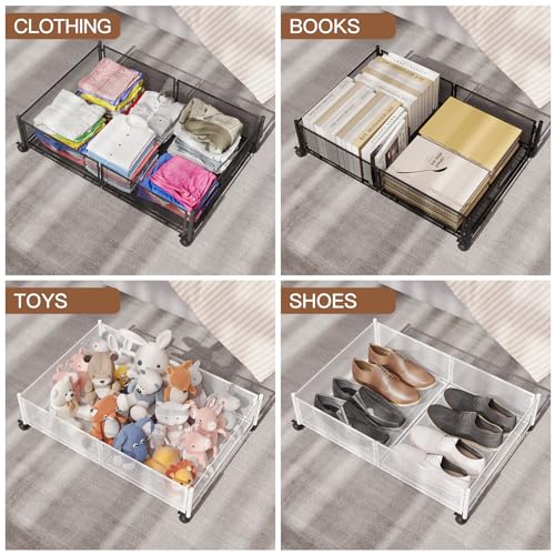 Gawerk Under Bed Storage Container with Wheels - Foldable Metal Mesh Bin for Clothes - Black - 2 Pack