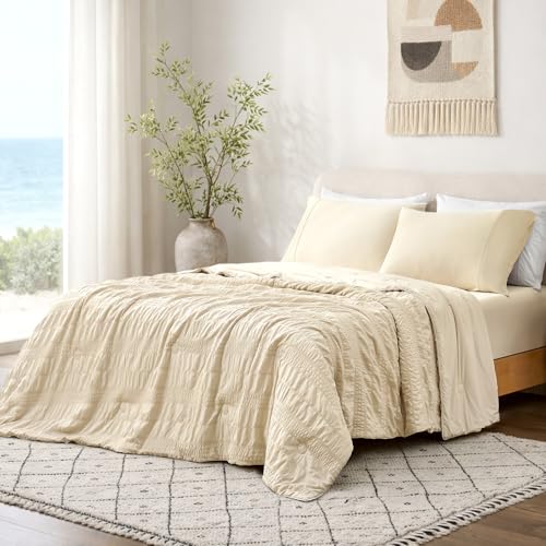 Queen Size Cooling Comforter - Khaki Seersucker Bed Bedding for Hot Sleepers