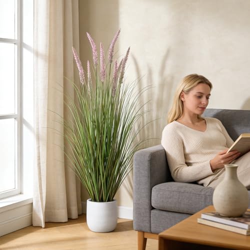 Crasraye 4FT Artificial Cattail Tall Grass Plant 2 Pack, Purple & Green Faux Reed Grass Decor
