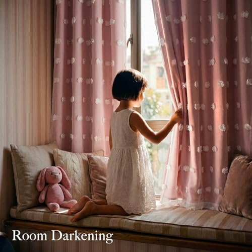 Pink Pom Pom Curtains for Girls Bedroom Nursery Room Darkening 52"W x 84"L - Pack of 2