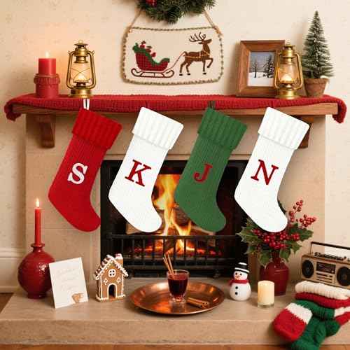 Christmas Stockings with Initials, 20-Inch Personalized Embroidered Monogram Knit Christmas Stocking,Large Cable Letter Knitted Christmas Stockings for Fireplace Family Christmas Decorations(S,White)