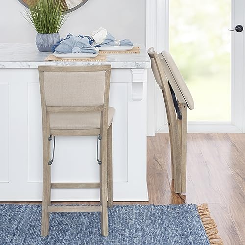 Natural Rustic Wooden Folding Counter Stool with Beige Upholstery - 25 Inch Seat Height - Variation of THIS listing