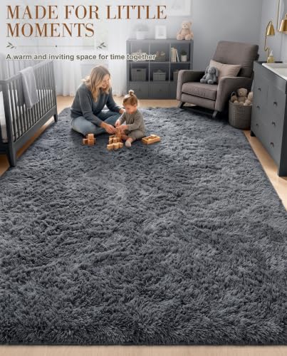 8x10 Ft Large Area Rug for Living Room and Bedroom - Grey Fluffy Shaggy Carpet