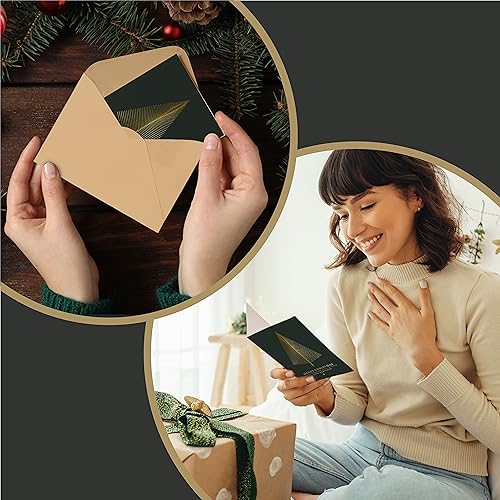 easykart labels 20 Gold Foil Christmas Greeting Cards with Envelopes – 5.75 x 4.25 Dark Green, Embossed Tree Design, Includes Seal Stickers