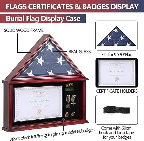Large 5'x9.5' Mahogany Military Flag Shadow Box Display Case with Certificate Holder – Tieeqe