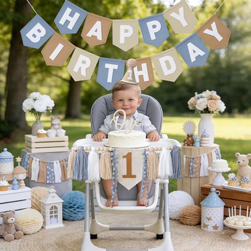 First Birthday Decorations for Boy Blue Khaki White Banner & Party Set