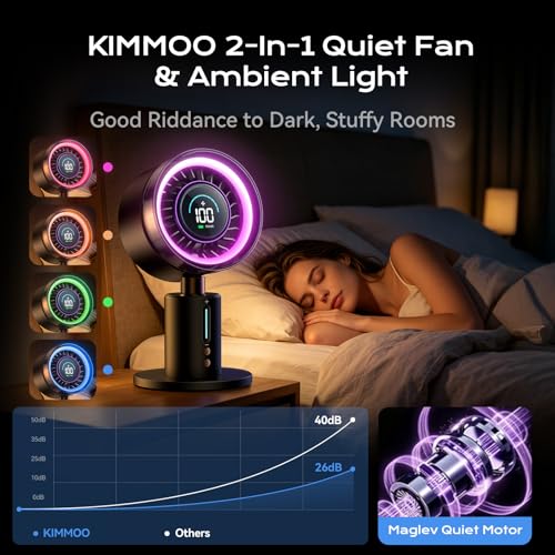 Black USB Rechargeable Desk Fan with 2-in-1 RGB Night Light, 180° Oscillation, 100 Speeds