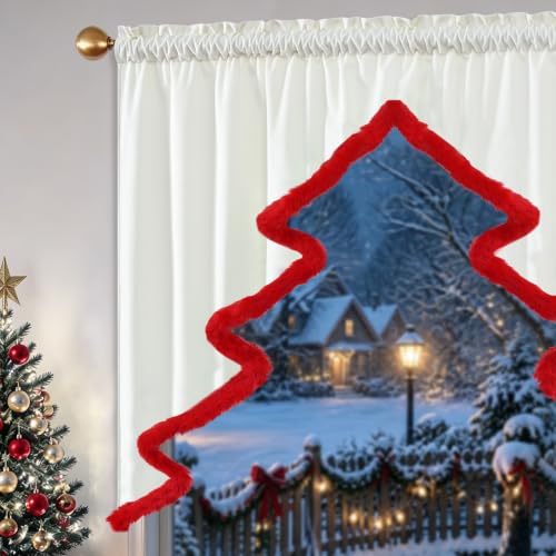 Christmas Tree Valance White Velvet with Red Fluffy Trim, 1 Panel