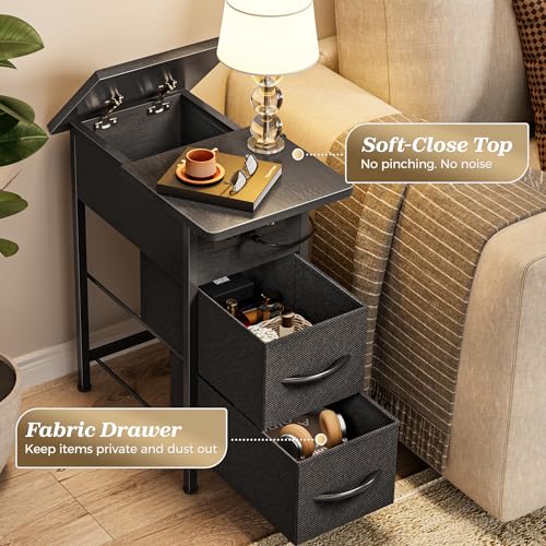 Huuger Black Narrow End Table with Charging Station - Slim Side Table with 2 Drawers