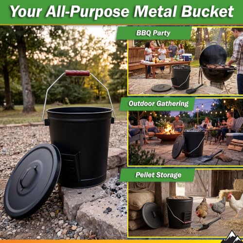 4.75-Gallon Metal Ash Bucket with Lid & Shovel – Fireplace & Wood Stove Accessory
