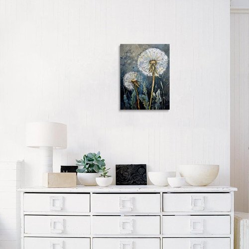 Dandelion Canvas Wall Art - Framed Wildflower Botanical Painting | Serene Blue Gray Rustic Decor, 12x16 Inches