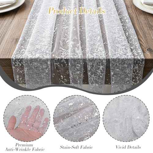 TIESOME 10 Ft Silver Table Runner, Sheer Chiffon Tulle Cheesecloth Silver Sequin Glitter Metallic Foil Party Table Decorations Centerpiece for Wedding Birthday Christmas Bridal