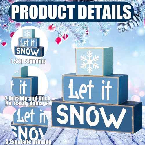 3 Pcs Winter Let It Snow Tiered Tray Decor Table Sign Winter Theme Wood Decorations Centerpiece Decor for Party Gift Desk(Stylish Style)