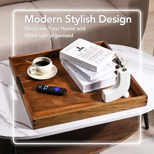 Large Ottoman Serving Tray Natural Wood 20x20 with Metal Handles for Living Room & Kitchen - Joy&Grace
