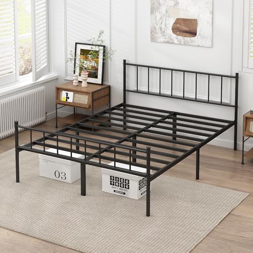 DIIYIV Queen Metal Bed Frame - Black Steel Slat Support, Noise-Free, Easy Assembly