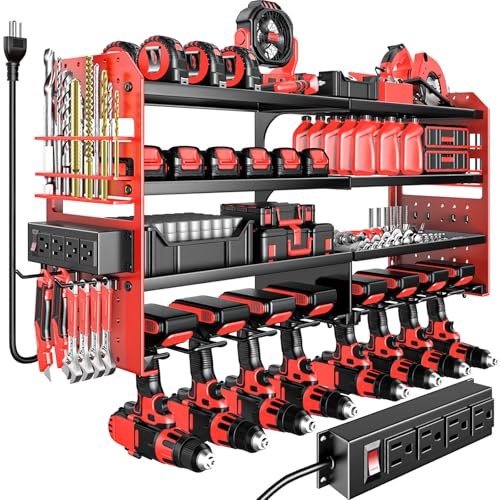 VeyFolzin Red Power Tool Organizer Wall Mount with Charging Station - Heavy Duty Metal, 4 Layers, 8 Drill Slots, 4-Outlet Power Strip